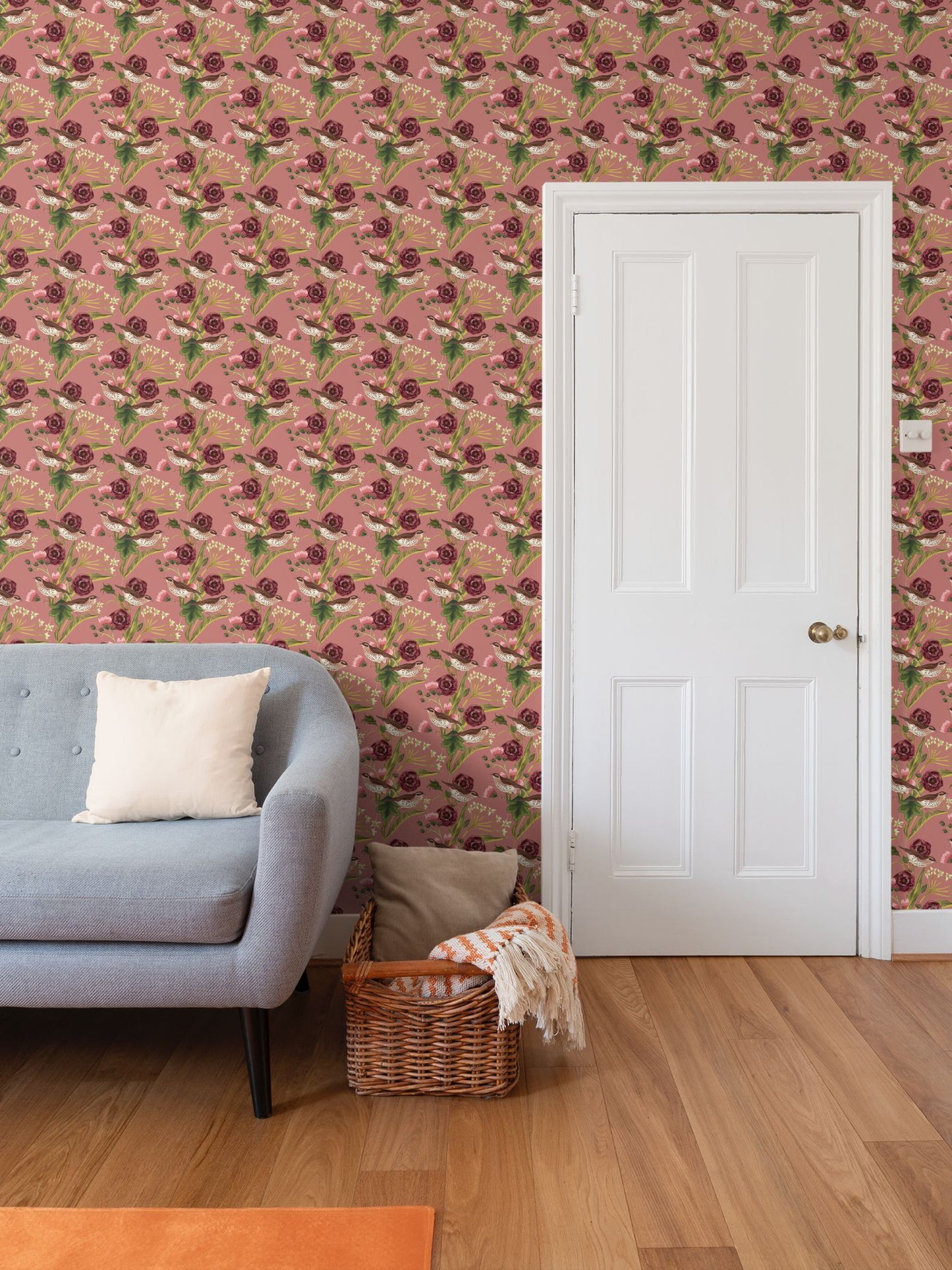 Repeat Pattern Wallpaper, Dusky Pink Song Thrush design