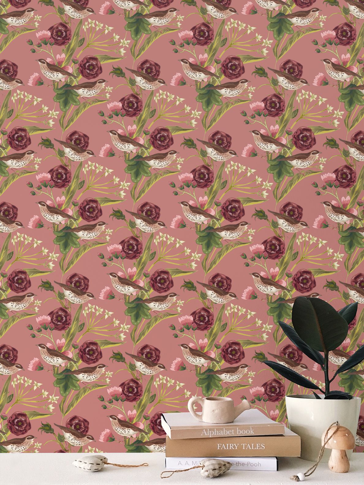 Repeat Pattern Wallpaper, Dusky Pink Song Thrush design