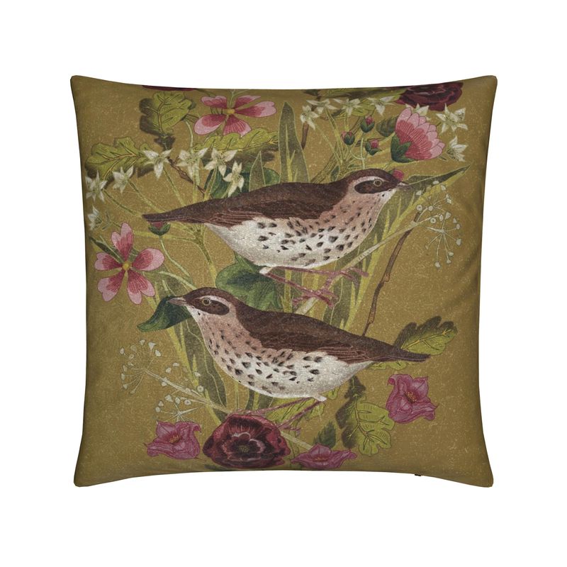 Yellow Ochre Cushion, Song Thrush with Pink Marshmallow Flower botanical design