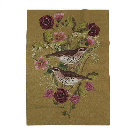 Tea Towel Song Thrush Yellow Ochre pink Marshmallow flower design