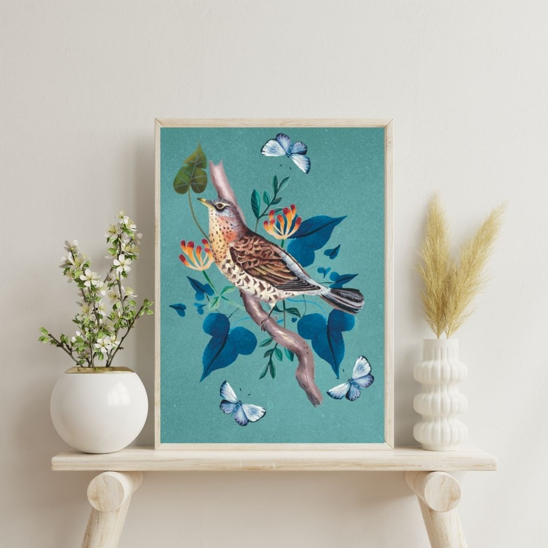 Fieldfare bird blue country style print hand painted