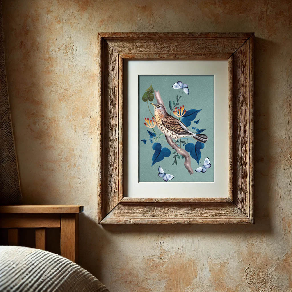 Blue rustic country style bird art print 