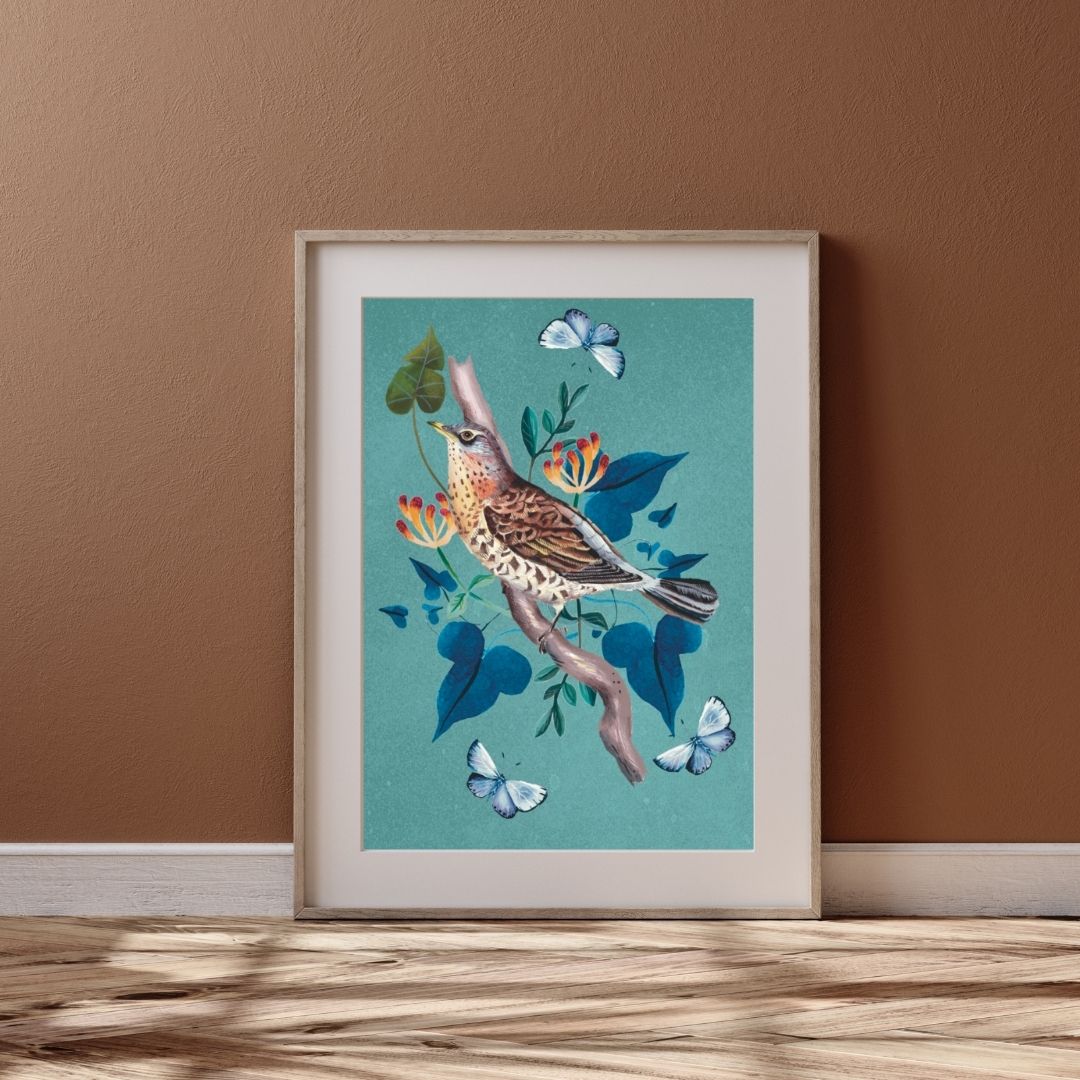 Blue country chic fieldfare bird wall art