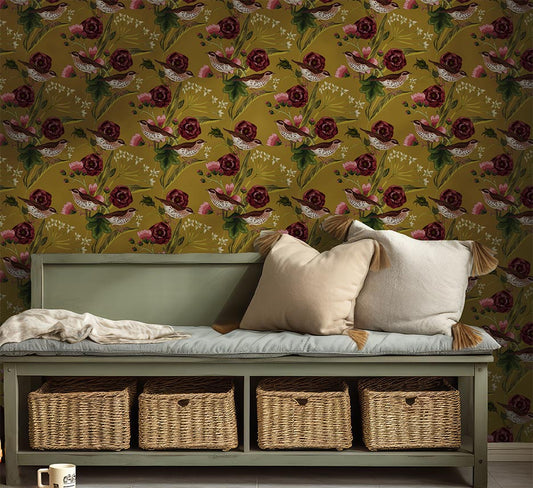 Repeat Pattern wallpaper Yellow Ochre songbirds and botanicals design