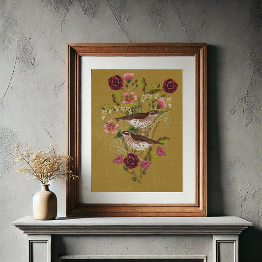 Song Thrush art print, bright botanical rustic farmhouse wall art 